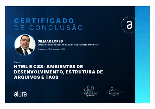 Certificado: HTML e CSS: Ambientes de Desenvolvimento, Estrutura de Arquivos e Tags