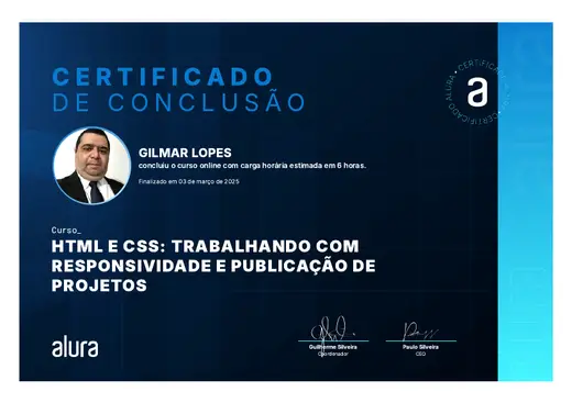 Certificado: HTML e CSS: Trabalhando com Responsividade e Publicação de Projetos