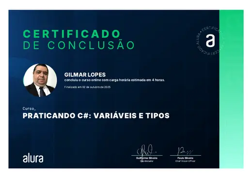 Certificado: Praticando C#: Variáveis e Tipos