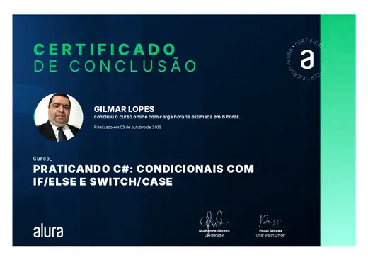 Certificado: Praticando C#: Condicionais com if/else e switch/case