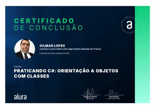 Certificado: Praticando C#: Orientação a Objetos com Classes