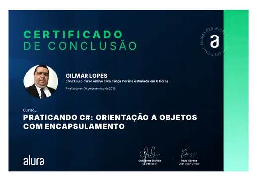Certificado: Praticando C#: Orientação a Objetos com Encapsulamento
