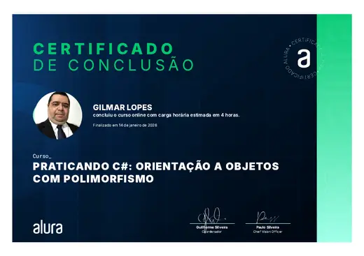 Certificado: Praticando C#: Orientação a Objetos com Polimorfismo