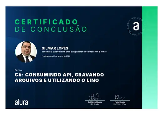 Certificado: C#: Consumindo API, Gravando Arquivos e Utilizando o LINQ