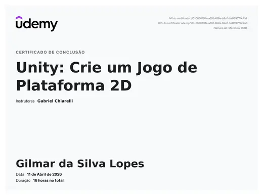 Certificado: Unity: Crie um Jogo de Plataforma 2D
