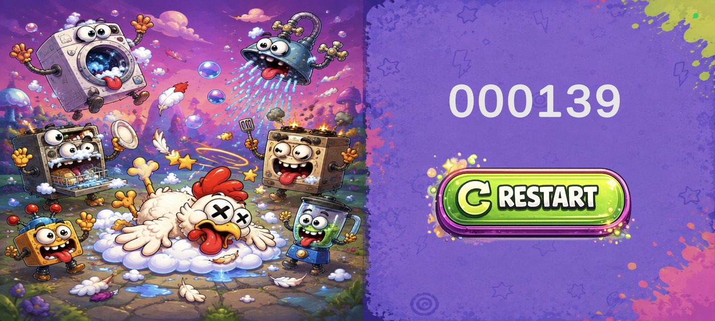 Tela de Game Over do Chaos Dodger com a galinha caída, os eletrodomésticos comemorando, placar 000139 e botão Restart