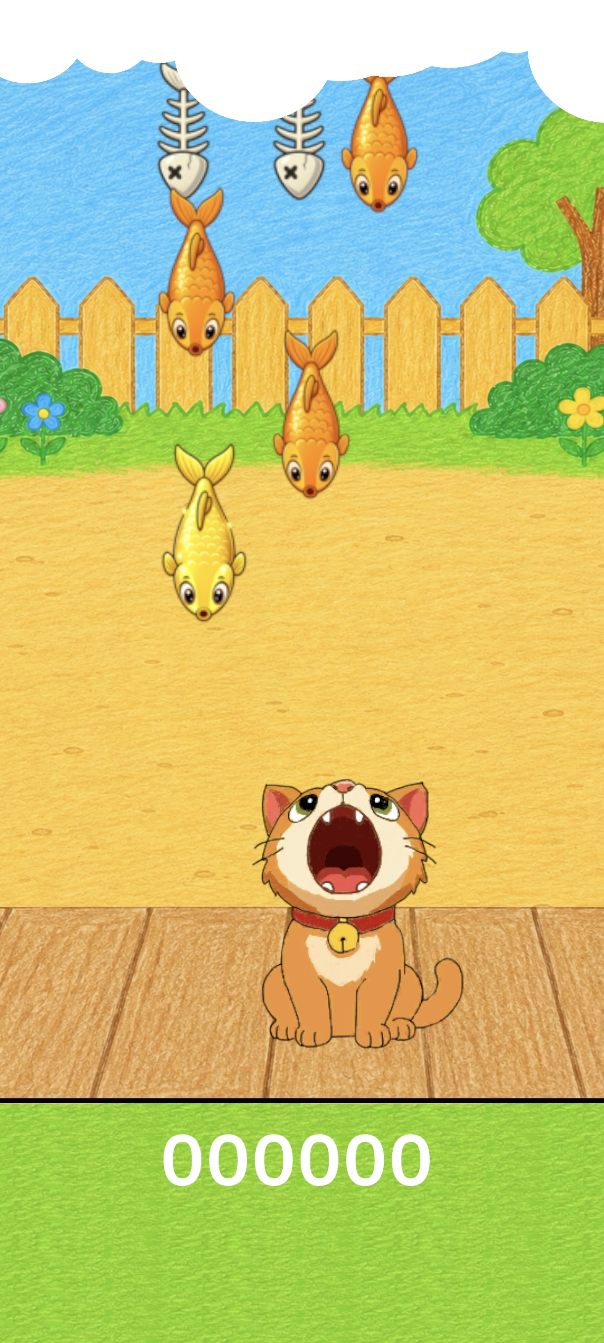 Tela do Miau Catch com peixes laranja e amarelo caindo em direção ao gato