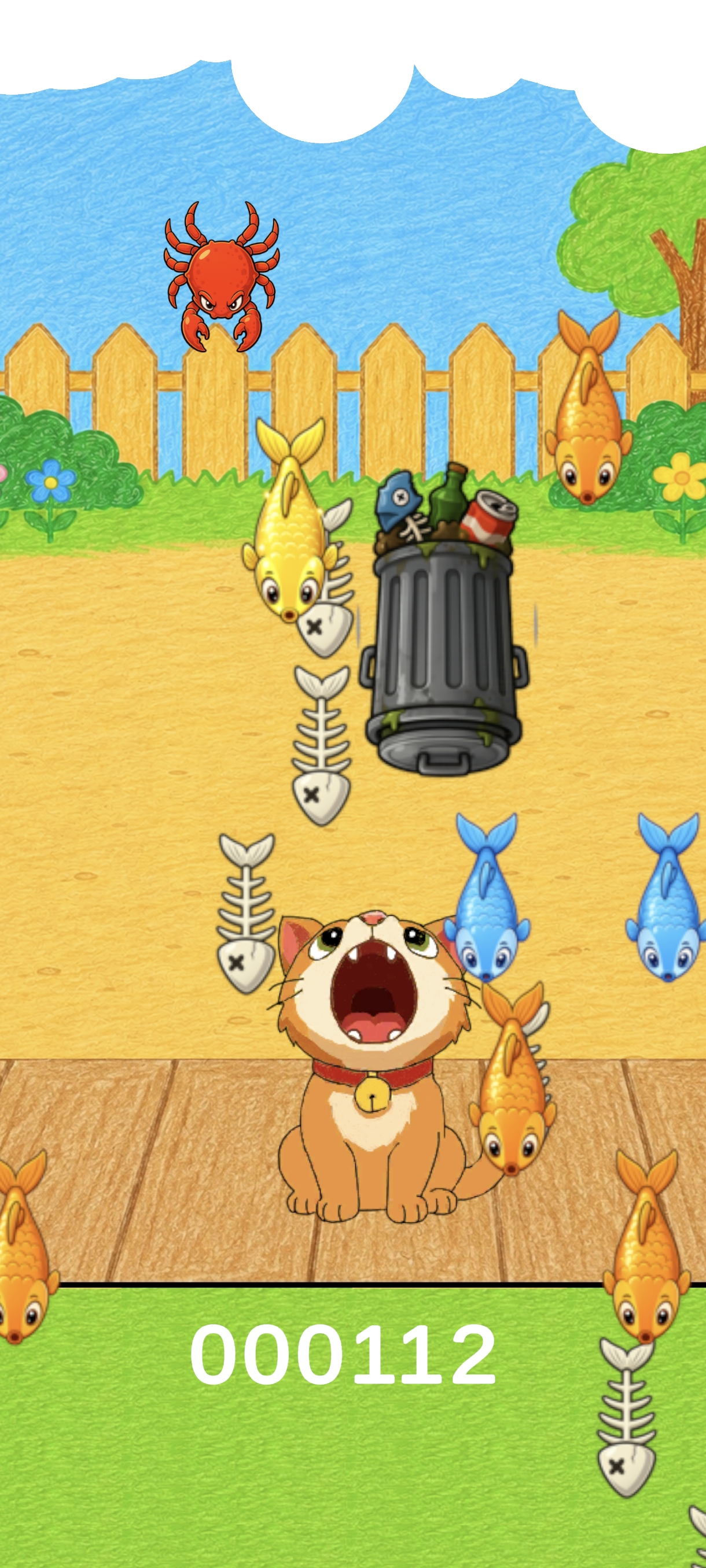 Tela do Miau Catch com lixeira, peixe azul e placar 000112