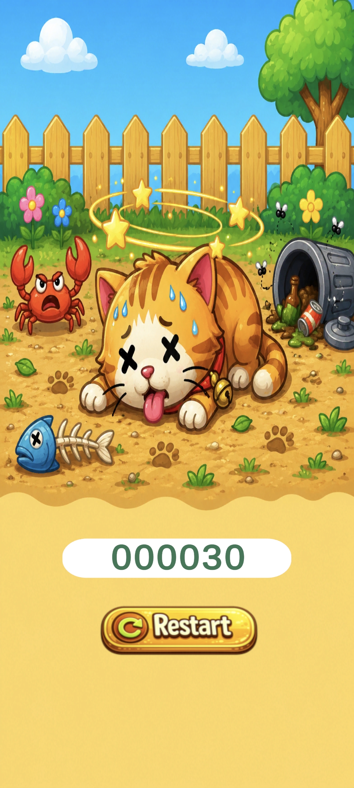 Tela de Game Over do Miau Catch com o gato desmaiado e botão Restart