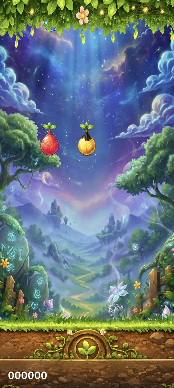Tela do Seedfall com sementes vermelha e amarela caindo entre as árvores, placar 000000