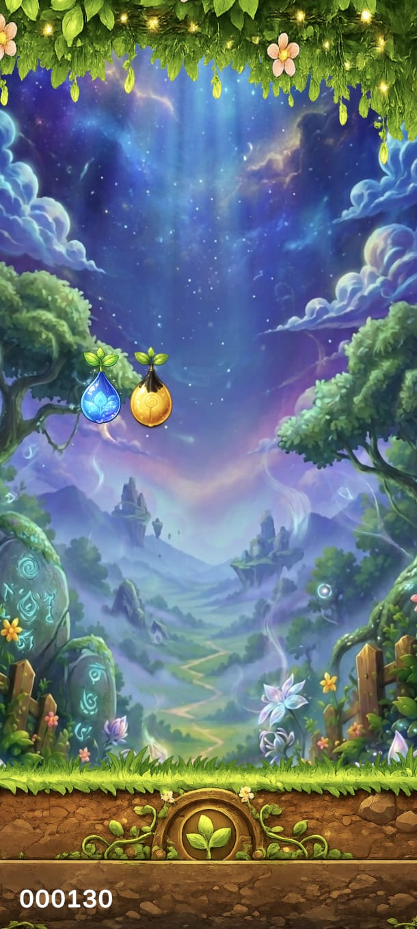 Tela do Seedfall com sementes azul e amarela caindo, placar 000130