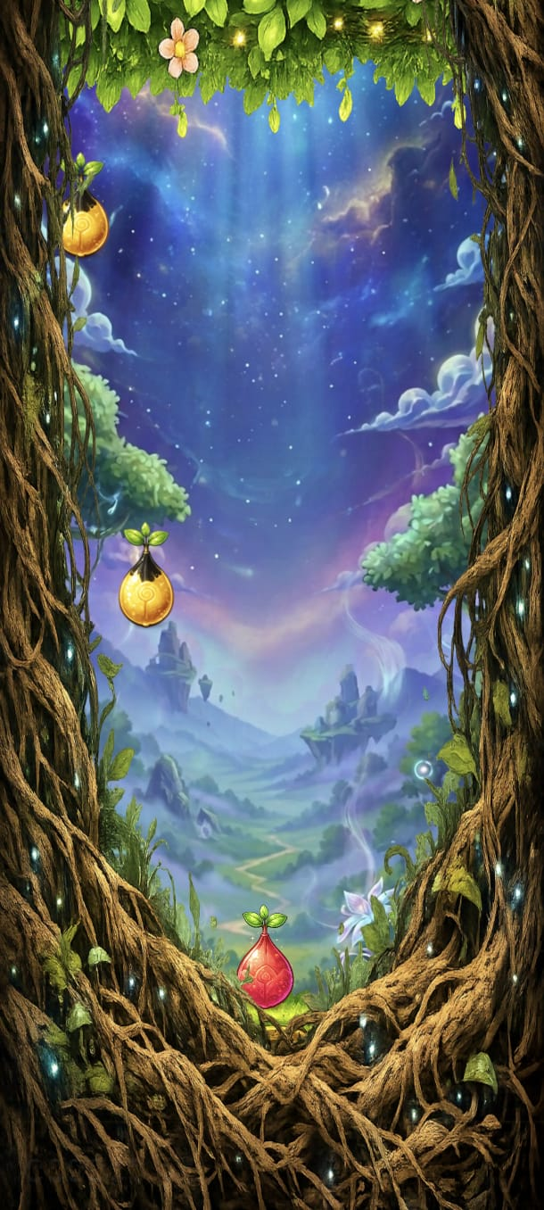 Tela do Seedfall com sementes amarela e vermelha entre raízes e vinhas