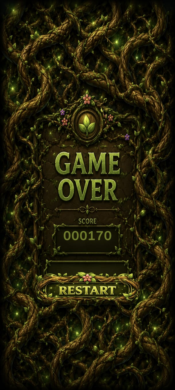 Tela de Game Over do Seedfall coberta de galhos, placar 000170 e botão Restart